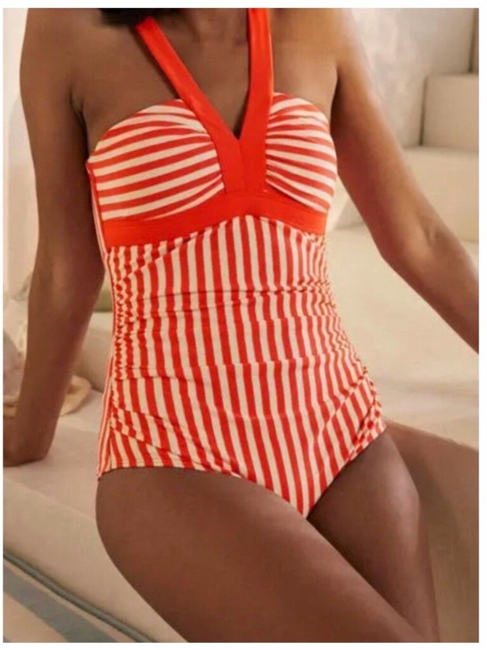 Boden Red and White Striped One-Piece Swimsuit